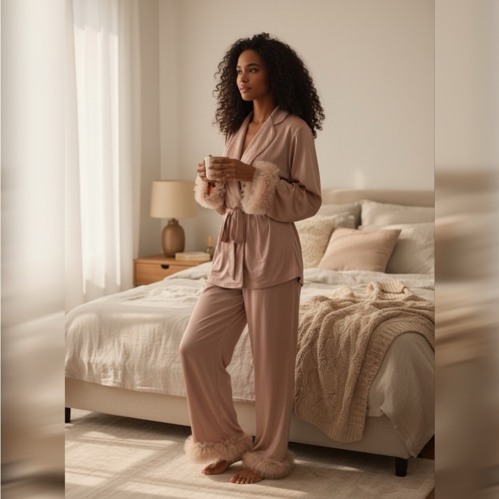 Elegant Nude Feather Trim Lounge Set (Size XL)